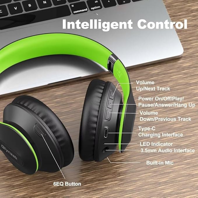 Glynzak Wireless Bluetooth Headphones Over Ear 65H Playtime HiFi Stereo Headset with Microphone and 6EQ Modes Foldable Bluetooth V6.0 Headphones for Travel Smartphone Computer Laptop