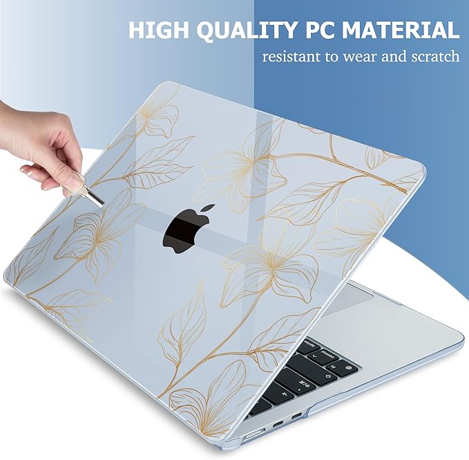 Mektron Case for 2026 MacBook Air 15 INCH M5 A3448 Compatible with M4 A3241 /M3 A3114 /M2 A2941 Printed Plastic Hard Shell Cover with 15.3" Liquid Retina Display Touch ID- Gold Flower S718-Blue