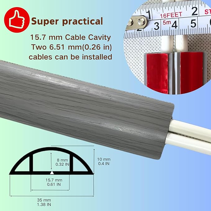 BEIEBIJOB Self Adhesive Floor Cord Cover, Cord Hider Floor, 10ft, GrayWood