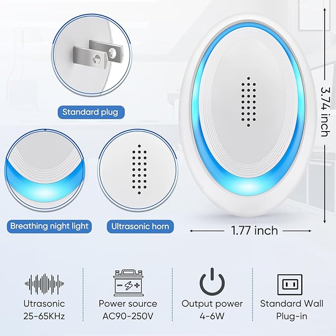 2025 Upgraded Ultrasonic Pest Repeller Indoor Ultrasonic Repellent, Mouse Repellent for Roach, Rodent, Mouse, Mosquito, Mice, Spider, Ant, Bugs Electronic Plug-in Pest Control 6 Pack (Bright White)