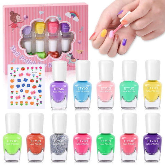 ETYJO Kids Nail Polish Set - Nail Polish for Girls Ages 3-12 | 12 Rainbow Colors | Non-toxic, Water-based, Low Odor | Peel-off, Quick Dry | Children Nail Polishs Kit for Teens, Children, and Toddlers