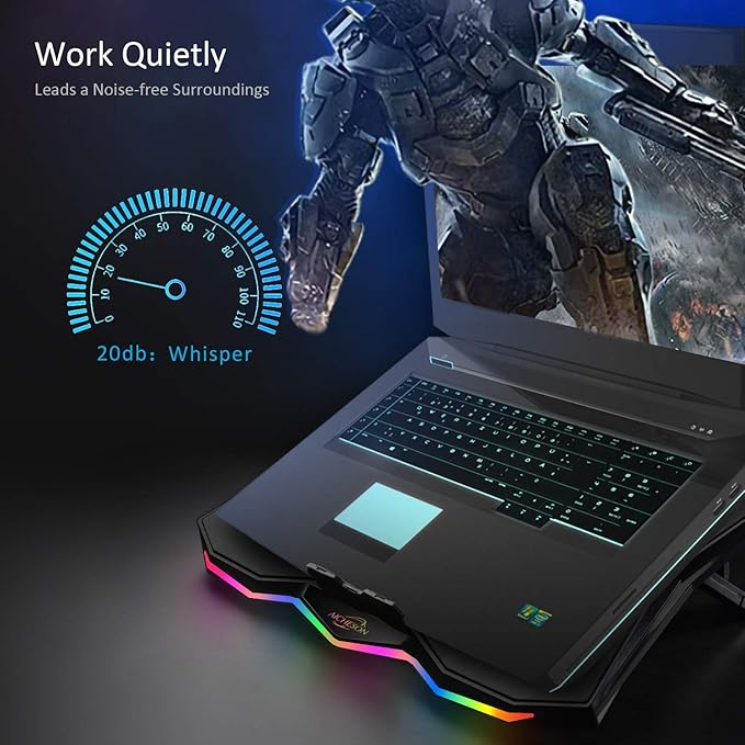 AICHESON Laptop Cooling Pad, Chill Pad for 15.6-17.3 Inch Notebook with 7 Height Slots, 2 USB Ports, RGB Lights, Perfect for Reducing Temperature of Laptop, AA3