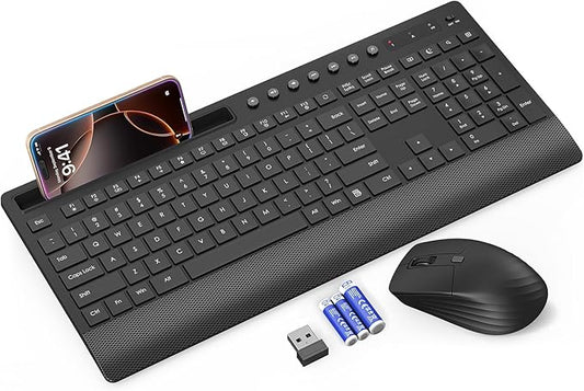 Trueque KM31 Wireless Keyboard and Mouse Combo - Full-Size Quiet Typing with Palm Rest, Phone Holder, Multimedia Keys, Power Switch, Batteries Included, Compatible with Windows, Chrome OS, PC, Laptop