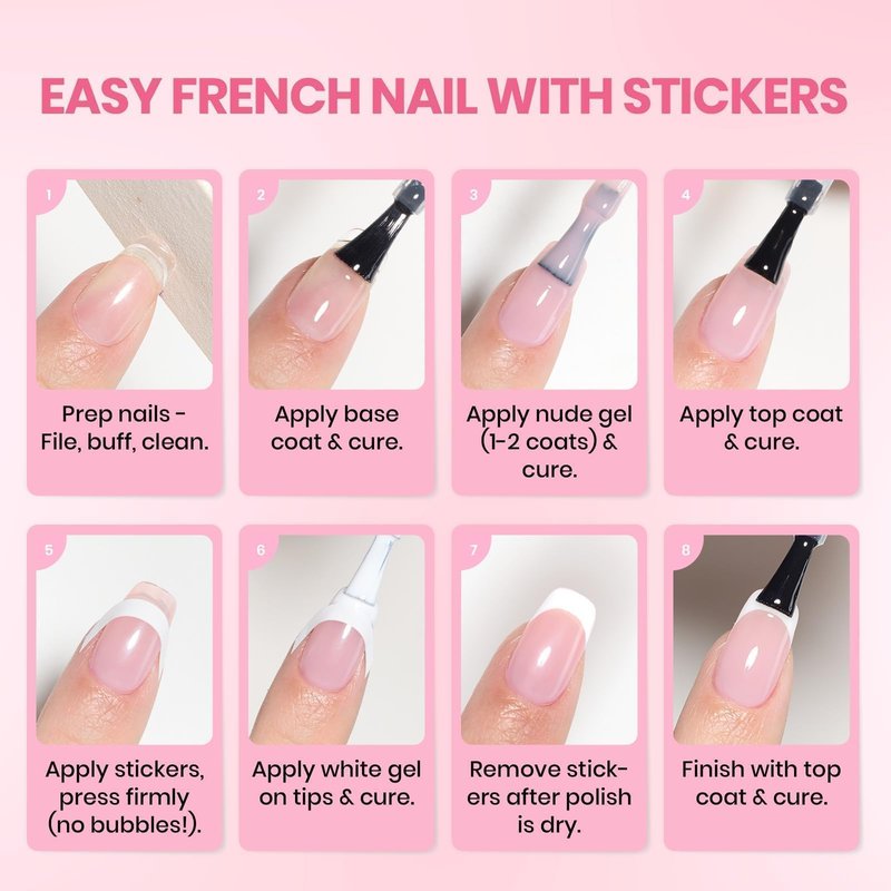 Beetles French Tip Gel Polish - Blush Moonlight, 2 Colors HEMA-Free Summer White Pink Gel Nail Polish Set 15ML with Styles Stickers, Same Color Bottle, Soak Off UV LED Nails