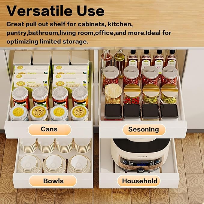 21'' Deep Pull Out Cabinet Organizer, 10'' Wide Carbon Steel Adhesive Slide Out Drawer, Pantry Storage Shelves for Kitchen, Bathroom and Living Room, 2 Pack