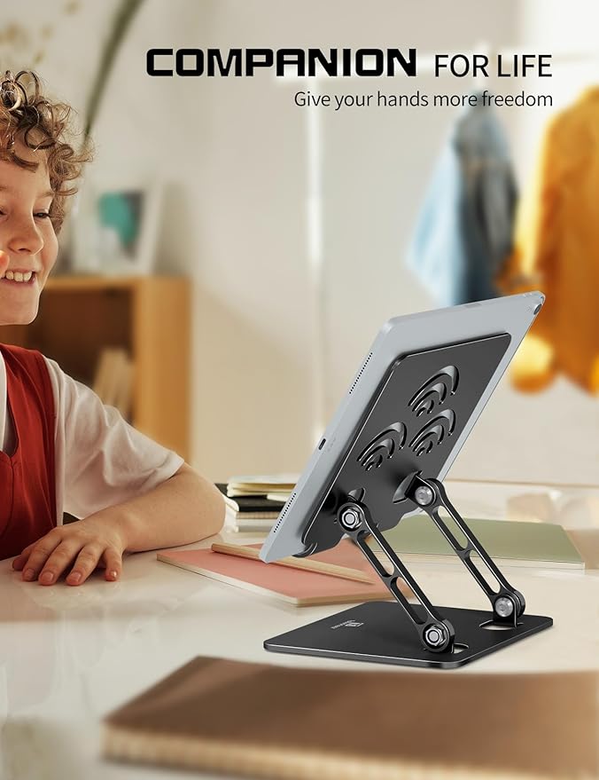 ToBeoneer Adjustable Tablet Stand for Desk, Premium Aluminum Holder for iPads, Tablets, Kindles, Switch, Phones, and All Devices up to 14 Inches. Portable and Foldable Black, Plus Size