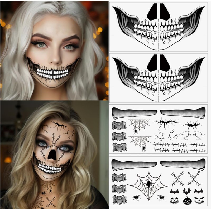 8 Sheets Halloween Temporary Face Tattoos Stickers,Mouth Scar Skeleton Hand Temporary Tattoos Adult, Body Makeup Cosplay Festival Rave Face Stickers Halloween Decorations