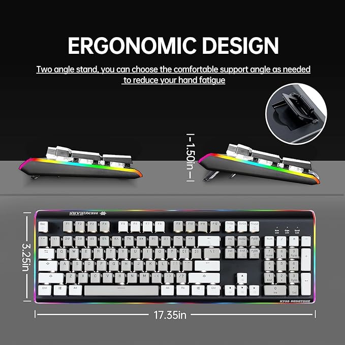 Hexgears GK735 Wired Full Size Mechanical Keyboard, Aluminum Housing Built for Gamers w/Kailh Box White Switch, White Backlit + Surrounded by RGB Light Strip, 104 Keys Gaming Keyboard for PC/Mac
