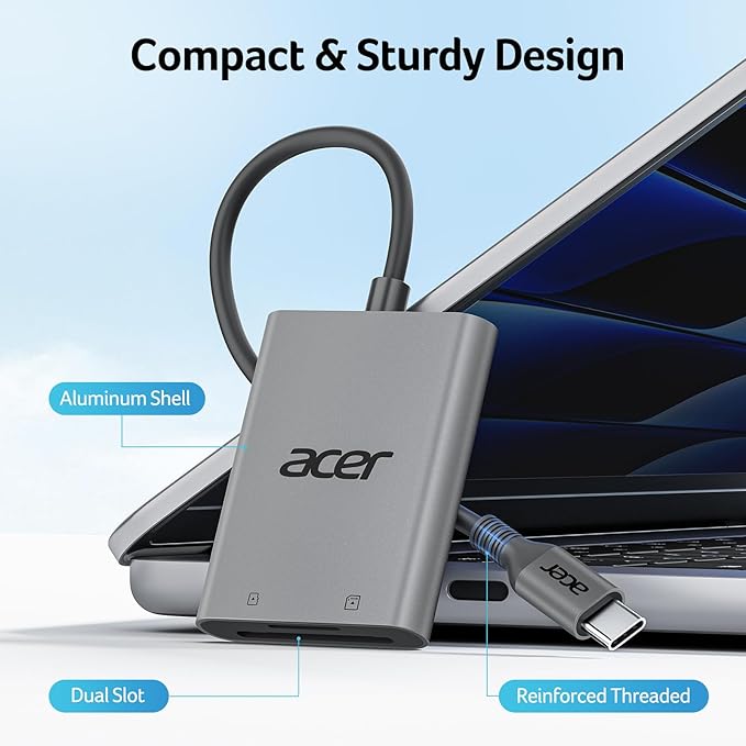 Acer SD Card Reader USB C, Dual Slots Type C to Memory Card Reader, Aluminum Micro SD Card Camera Adapter for MicroSD, SDHC, SDXC, Compatible with iPhone17/16/15, MacBook Neo/Pro/Air, iPad, Laptop