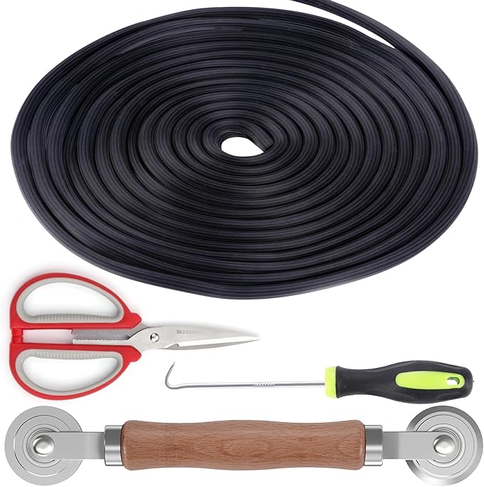 QWR 4 in 1 Window Screen Repair Tool Kit,Including 32Ft Spline Replacement,Steel Roller with Bearing,Spline Removal Hook and High Quality Scissors,for Installing Door Mesh Screens., Black (QWR-56321)