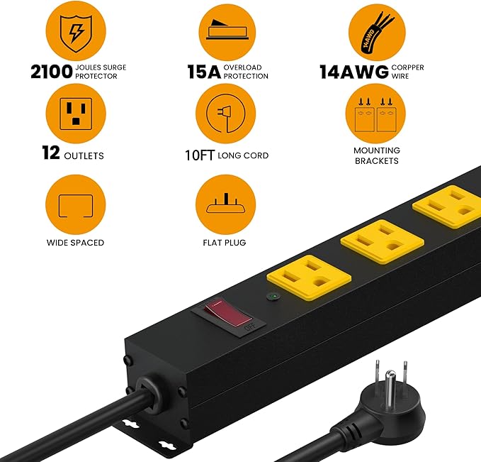 Metal 12 Outlet Mountable Power Strip, 2100J Surge Protector with Heavy Duty 10ft Extension Cord, Wide Spaced and Wall Mount Metal Powerstrip for Garage, Desk, Industrial, Shop and Indoor (10ft)