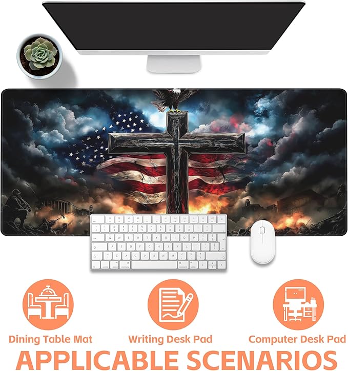 NIYLYNSYN Mouse Pad Large A Cross with an Eagle Non-Slip Game Desk Mat with Stitched Edge Laptop Keyboard Desk Pad for Work Home Gaming (35.4 x 15.7 Inches)