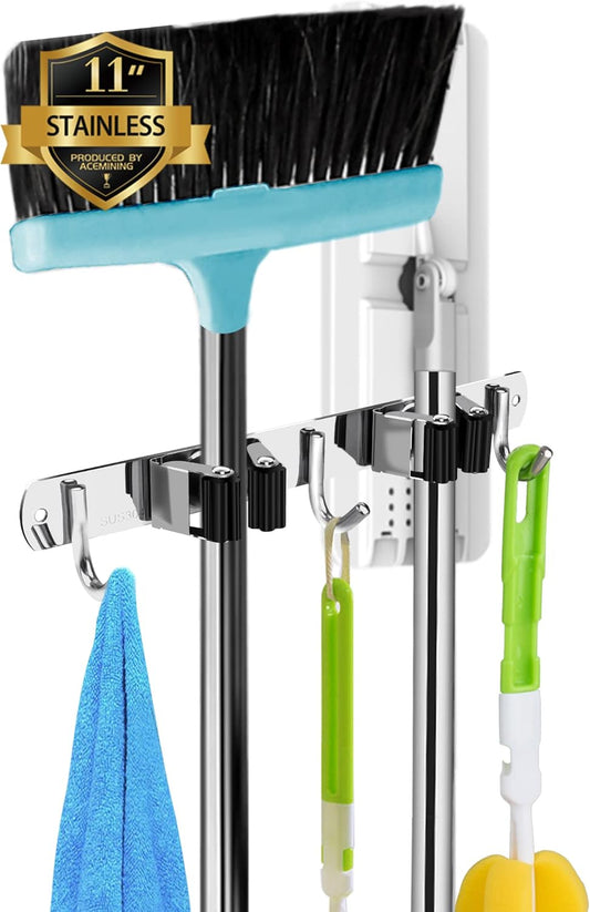 Skiennix Broom and Mop Holder - Wall Mounted Garage Organizer with Heavy Duty Hooks | Stainless Steel, Non-Slip