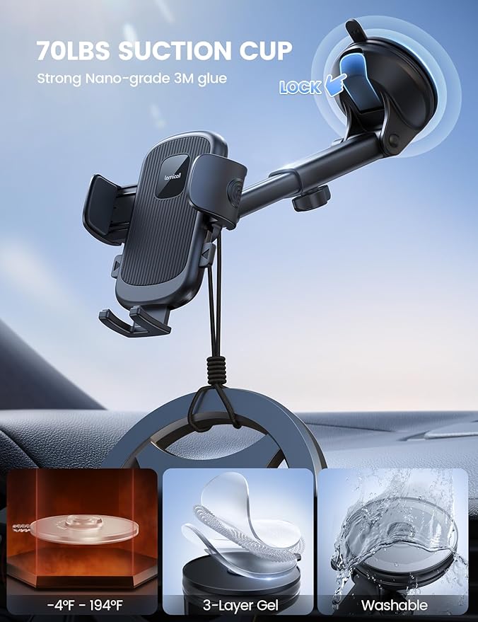 Lamicall Car Phone Holder [3-in-1 Pro Version Suction Cup] 360° Rotation Phone Holders for Your Car [Metal Hook] Cell Phone Car Mount Dashboard Vent Windshield for iPhone 17 16 15 Pro Max Smartphone