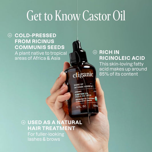 Cliganic Organic Castor Oil, 100% Pure (32oz with Eyelash Kit) - For Eyelashes, Eyebrows, Hair & Skin | Natural Cold Pressed Unrefined Hexane-Free