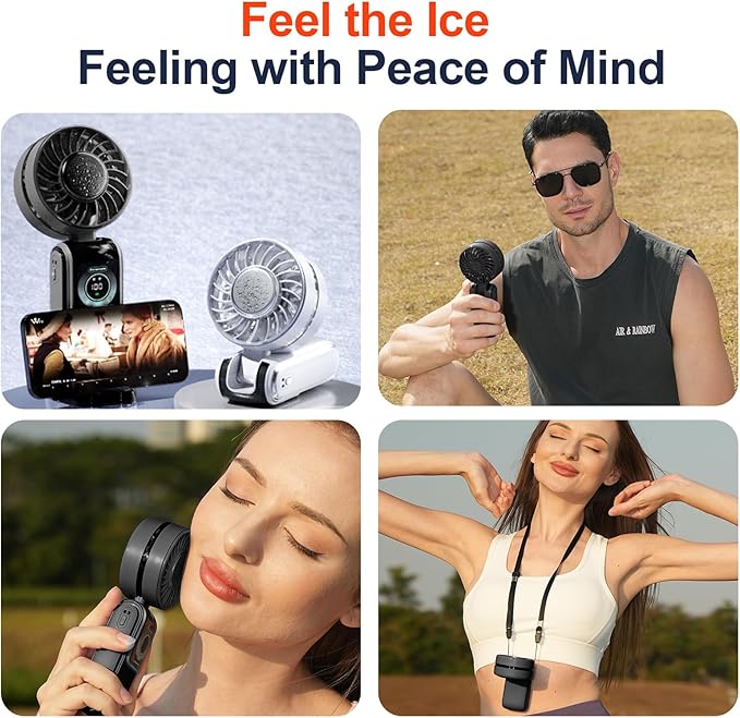 GZEduld Portable Handheld Fan with Stand & Lanyard, 5000mAh USB-C Rechargeable Battery, 12H/5-Speed LED Display Mini Fan for Travel Beach Cruise Concerts Outdoor Events(Black)