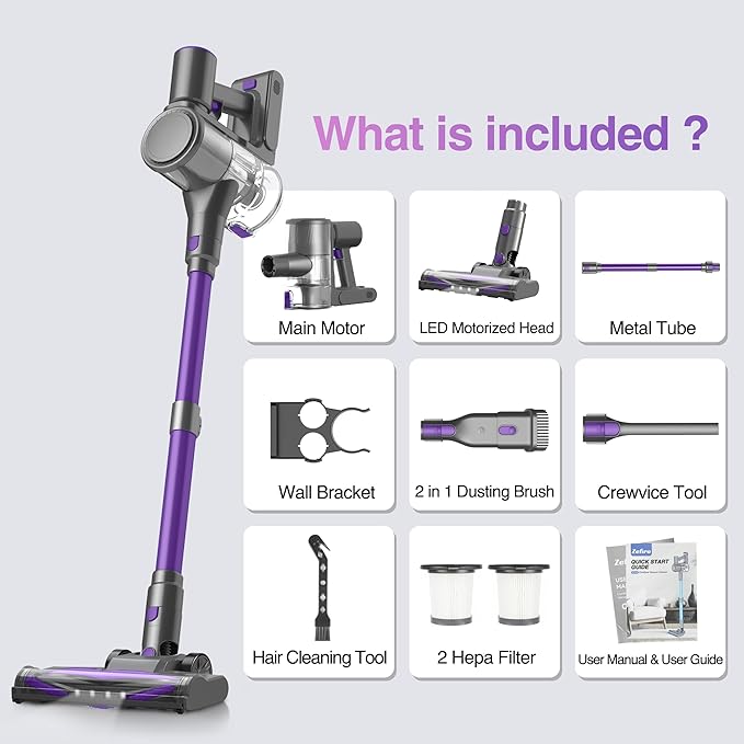 Zefiro Cordless Vacuum Cleaner for Home,450W /40Kpa 50Mins Stick Vacuum,Anti-Tangle 1.5L Dust Cup, Rechargeable Wireless Handheld Vacuum for Pet Hair/Carpet/Floor