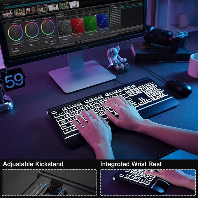 KOPJIPPOM USB Wired Keyboard with Large Print Backlit Keys, 7 Color LED Backlight, Ergonomic Wrist Rest, Spill-Resistant Design, Full-Size Computer Keyboard with Number Pad for PC Desktop Laptop