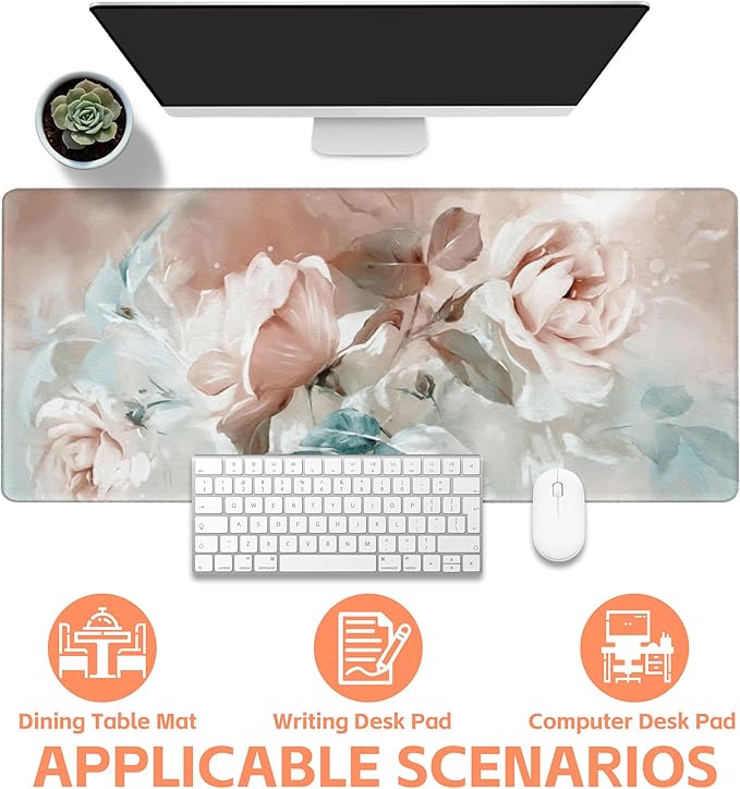 NIYLYNSYN Mouse Pad Large Rose and Leaves Non-Slip Game Desk Mat with Stitched Edge Laptop Keyboard Desk Pad for Work Home Gaming (35.4 x 15.7 Inches)