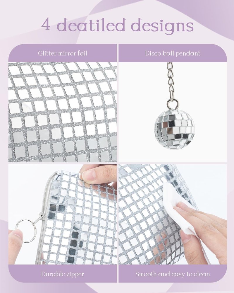 RGBDOT 12 Pack Disco Ball Makeup Bag - Disco Party Decorations and Favors, Sequin Mirror Cosmetic Bag for Women