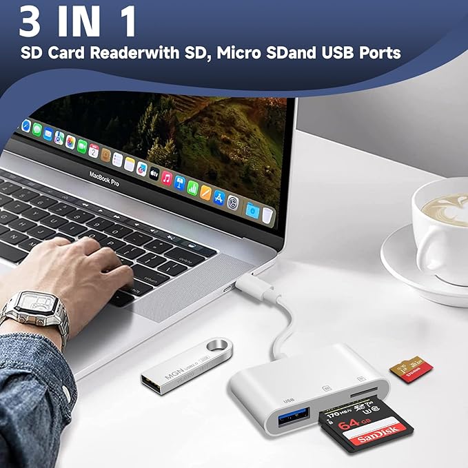 SD Card Reader for iPhone 15/16/iPad/MacBook,USBC Dual Port Memory Card Reader with USB Camera Adapter Compatible with Canon/Nikon/Sony/Kodak Digital Cameras, SD/MicroSD, Plug & Play (No App Required)