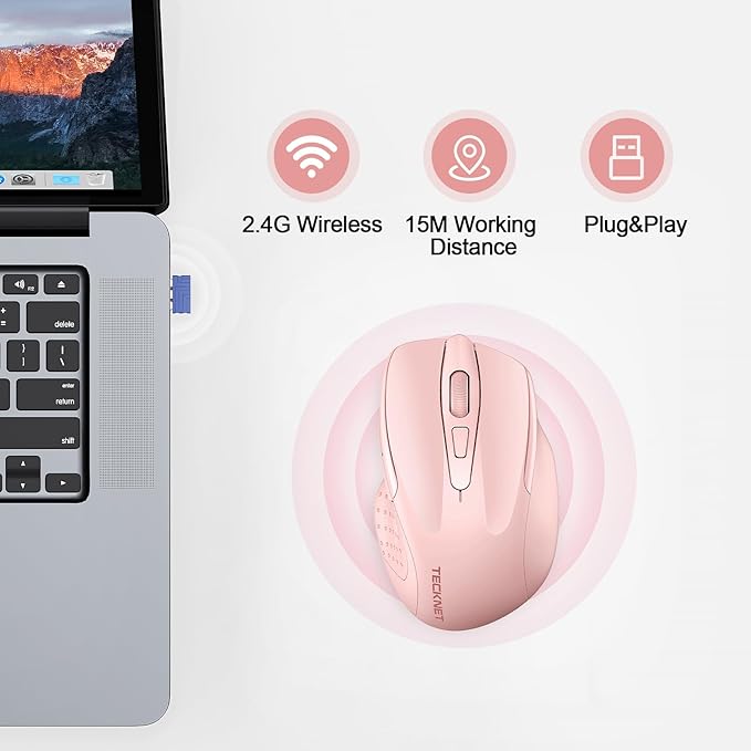 TECKNET Wireless Mouse Rechargeable, 2.4G USB-A Silent Mouse, Quiet Click, 6 Adjustable 4800 DPI, Cordless Computer Mice, Ergonomic Mice for Laptop, 6 Buttons for Chromebook, Ergo Grip - Pink