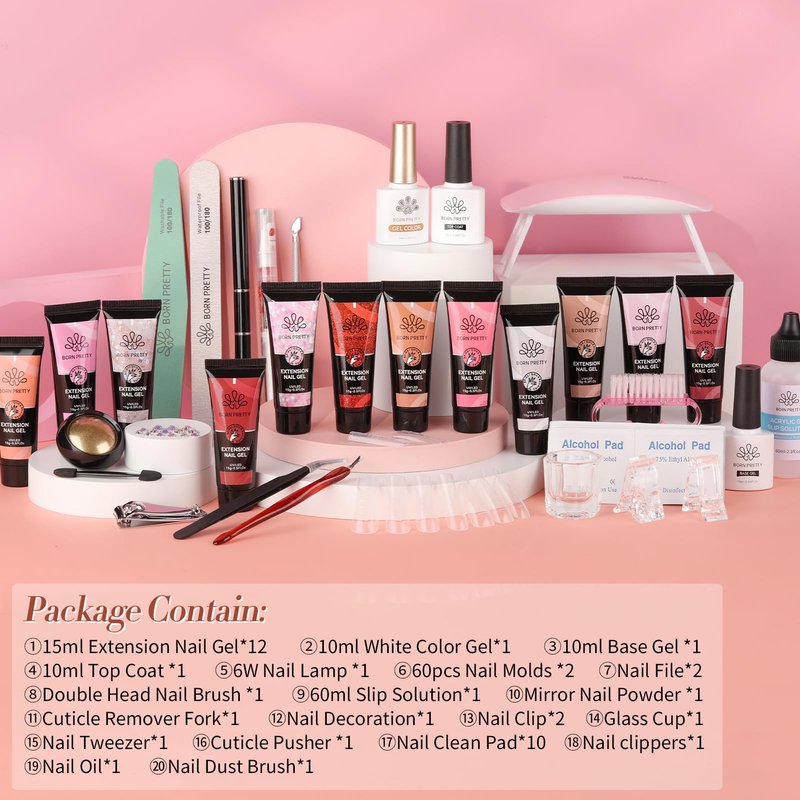 BORN PRETTY Poly Extension Gel Kit-12 Colors Extension Nail Gel Kit Nude Clear Jelly Pink All-In-1 Kit Builder Glue with Nail Lamp Base Top Coat Set Nail Forms French Manicure Ideal Gifts