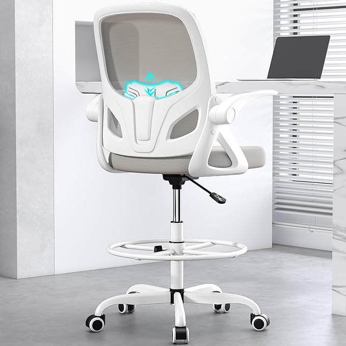 Kensaker Drafting Chair Tall Office Chair, Ergonomic Standing Desk Chair with Adjustable Foot Ring and Flip-up Armrests, Mesh Computer Chair for Art Studio, 300 LBS, Gray