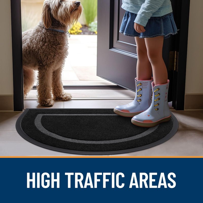 OLANLY Half Circle Door Mat Indoor Outdoor Entrance Welcome, Waterproof All-Season, All-Weather Doormat, Sturdy Natural Rubber, Low Profile, Easy Clean Patio Porch Entryway Mat, 29.5x17, Black