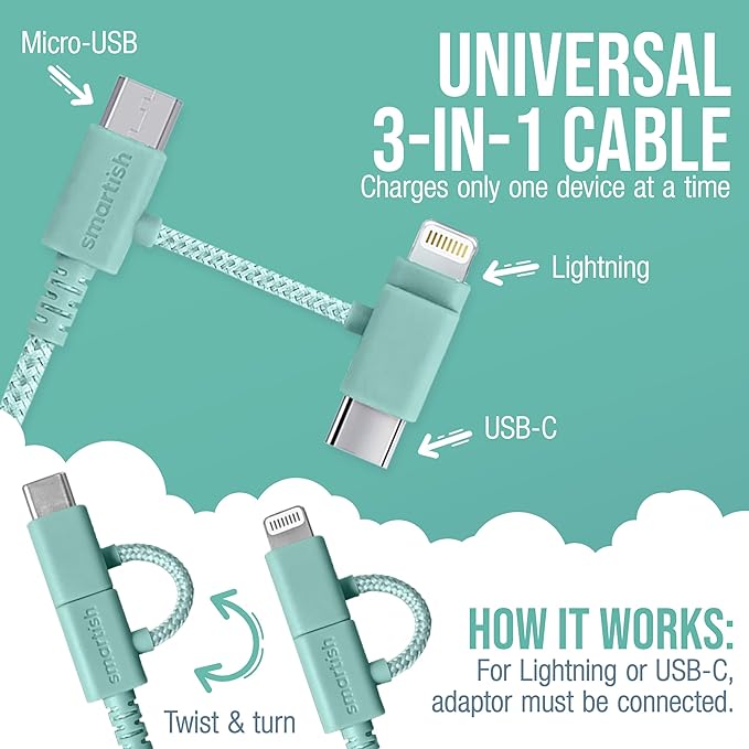 Smartish USB-C/Lightning Cable 17/16/16e/15/14 - Crown Joule - 6Foot Universal Fast Fabric Wrapped Charging Cable w/Micro-USB - MFi Certified 13/12/SE/iPad/AirPods/Android - Green