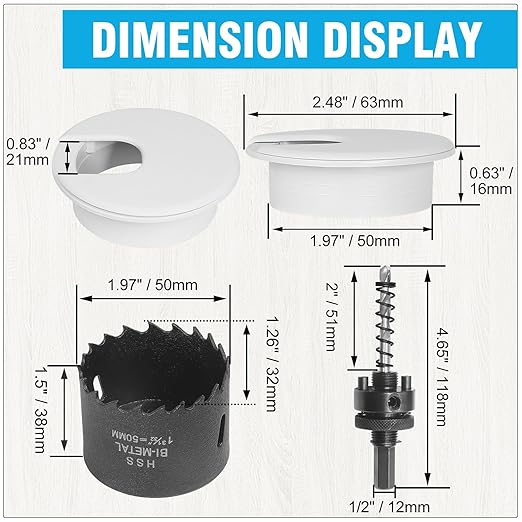 2" White Desk Grommet with Bi-Metal Hole Saw, JTemgle Plastic Cable Hole Cover Computer Table Cord Wire Organizer Caps, Desktop Cord Management for Home Office TV Stands Tabletops, 7 Pieces