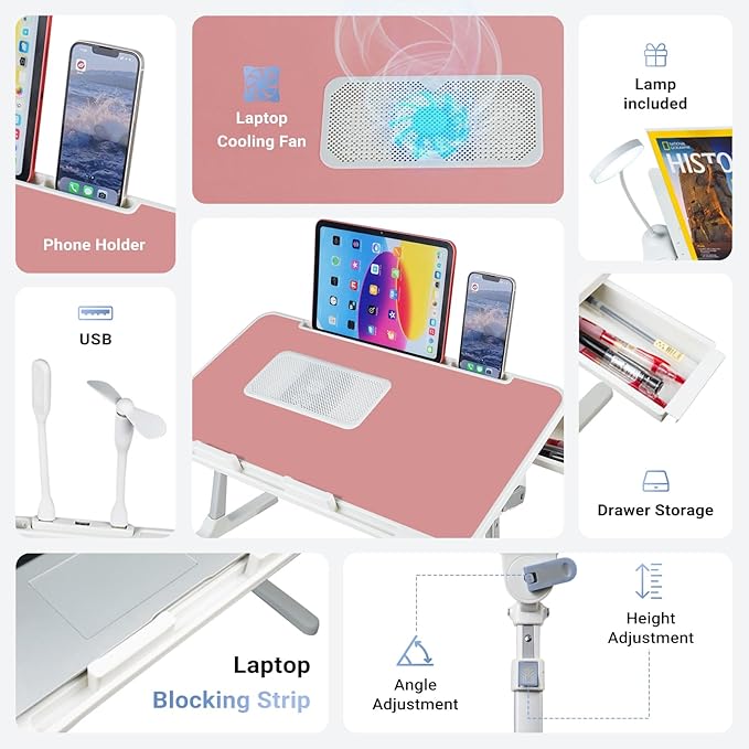 iXTRA Laptop Lap Desk Include Cooling Fan,Adjustable Lap Desk with Light Fan,Folding Laptop Desk for Bed with USB,Bed Desk with Storage Drawer 60x40cm,Pink