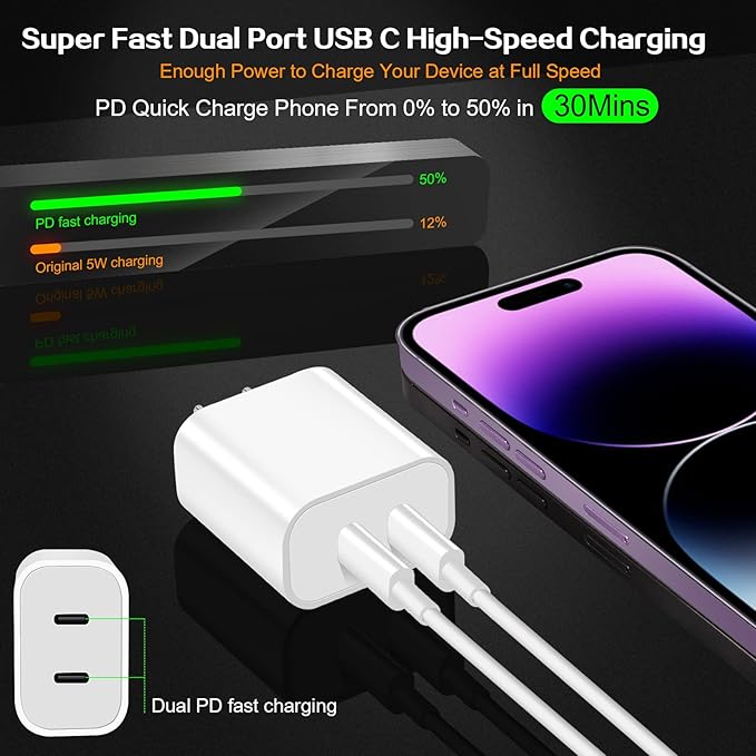Phone Charger - 2Pack USB C Fast Charging Block, 4Pack USB C to Lightning Cable for iPhone 14/13/12/11/X/XR/SE