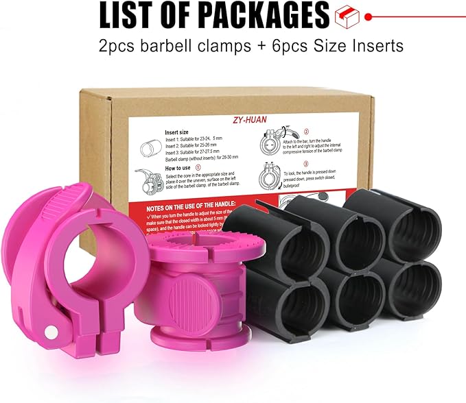ZY-HUAN Barbell Clips 1 inch Barbell Clamps 0.9-1.18inch Quick Release Weight Clips for Bars Multi-Size Adjustable Olympic Barbell Clamps (Pink 0.9-1.18inch)
