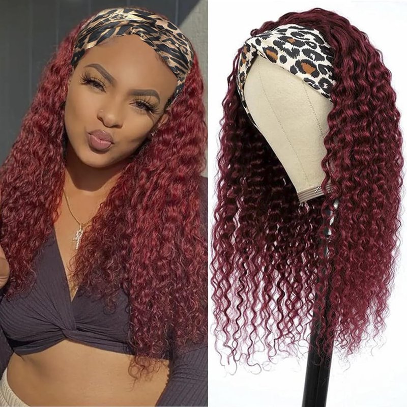 Bellarayine Headband Wig Human Hair Deep Wave Human Hair Headband Wig Glueless Curly Hair Human Hair Wigs None Lace Front Wigs for Black Women Human Hair (14inch,99J)
