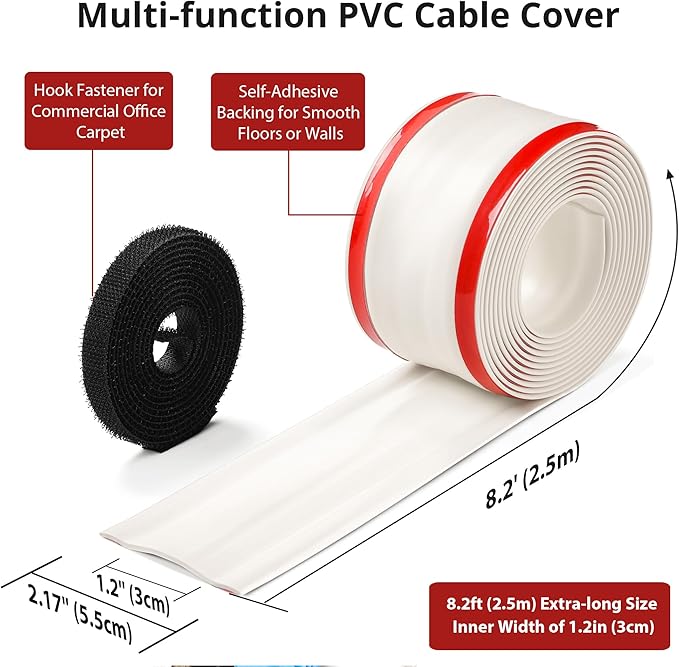 8.2ft Cord Cover Floor, Soft PVC Cord Covers for Wires on Floor, Self-Adhesive Cord Hider, Cable Management Wire Protector for Commercial Office Carpet/Floors/Wall Off White