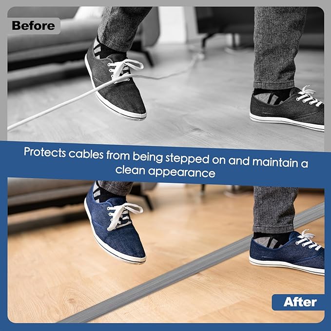 Floor Cord Cover for Wires on Floor Self Adhesive Cord Hider Floor Cable Management Wire Covers for Cords Protector Prevent Cable Trips Cord Cavity W 0.32" x H 0.32", Gray Wood, 10Ft