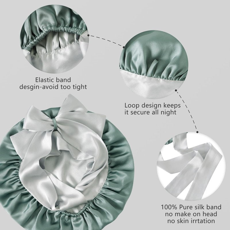 ZIMASILK 100% Mulberry Silk Bonnet for Sleeping Women Double-Layered Breathable Hair Wrap with Silk Tie Band - Reducing Hair Friction (1Pc, Grayish Green)