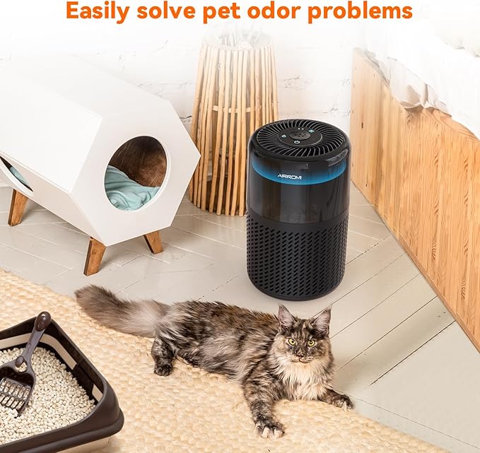 AIRROMI HEPA Air Purifier for Bedroom&Home,Pet Air Purifier for Home Pets,Removes Pet Odor,Cat Litter Smell,Dust,Smoke&Allergies,Quiet Room Air Purifier with Scents,360°Air Cleaner,A2005 Black