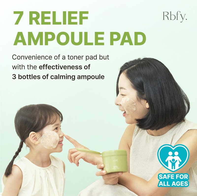 Rbfy. 7 Relief Pure Centella Ampoule Toner Pad, Calming & Soothing, Redness Reduction and Hydrating for Sensitive, Dry and Stressed Skin, Hypoallergenic, For the Whole Family, Korean Skincare, 60 Pads
