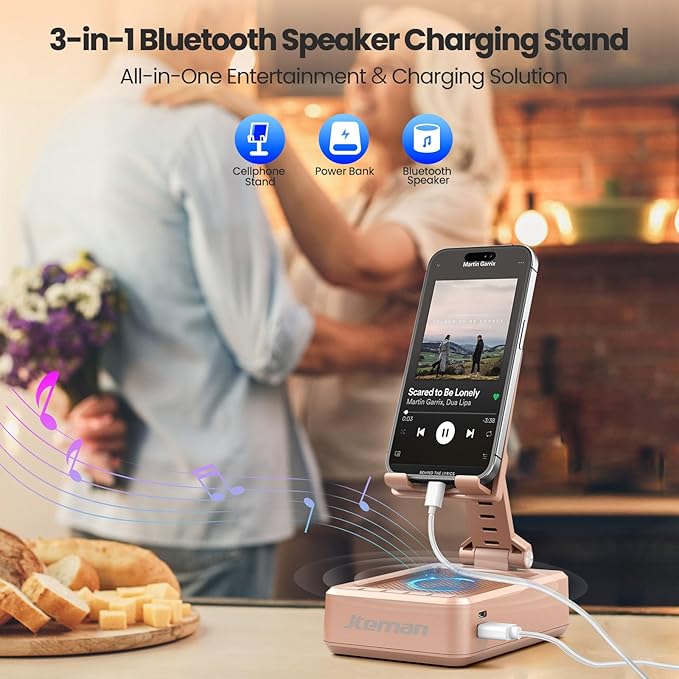 JTEMAN Cell Phone Stand with Bluetooth Speaker and Charging Function, HD Sound Adjustable Phone Holder, Birthday Gifts for Men Women, Cool Tech Kitchen Gadgets for All Phones,Tablet (Rose Gold)