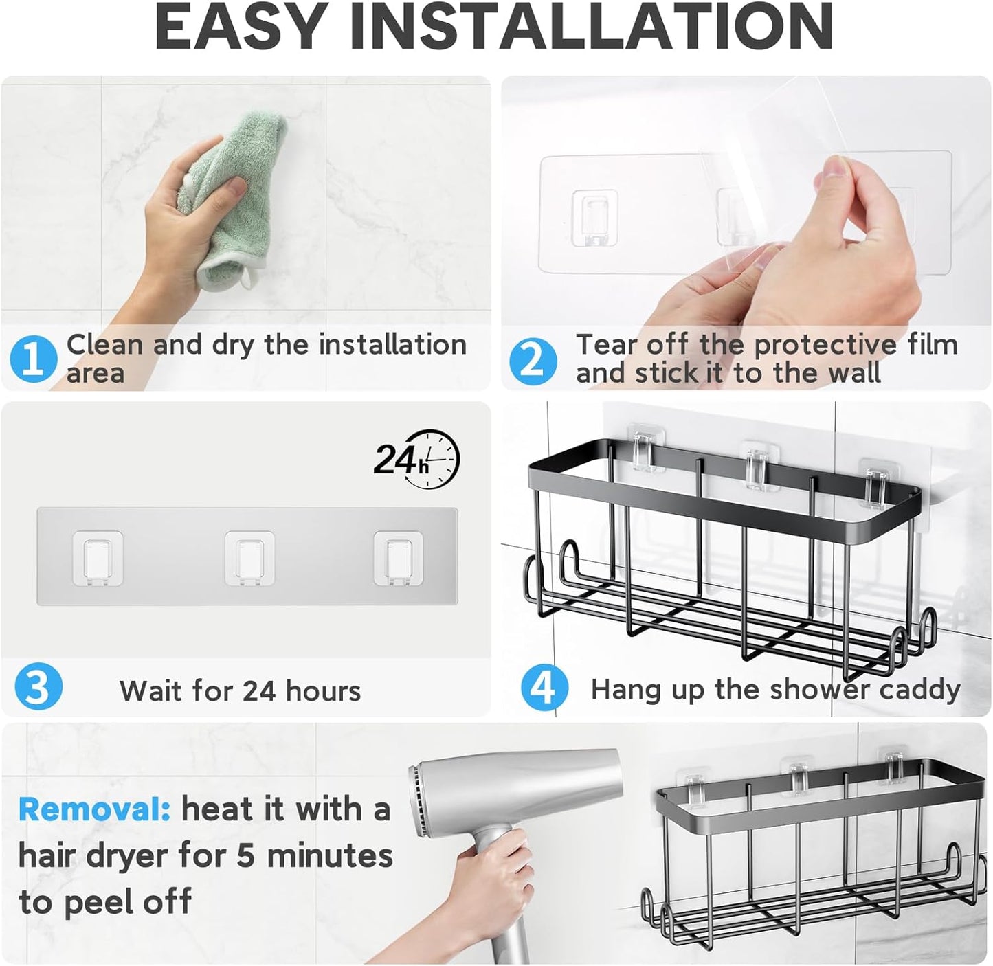 Skiennix Shower Caddy Hooks - 14 Pack Transparent Adhesive, No Drilling, Waterproof for Bathroom & Kitchen Storage