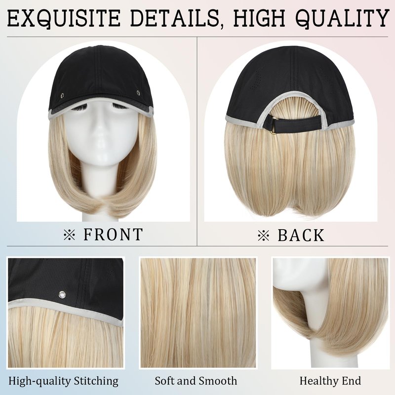 Qlenkay Waterproof Baseball Cap Attached with Curly Wavy Bob Hair Soft Crown Adjustable Quick Dry Hat Wig 14in Short Synthetic Hairpiece for Women Ash Blonde Mix Light Brown