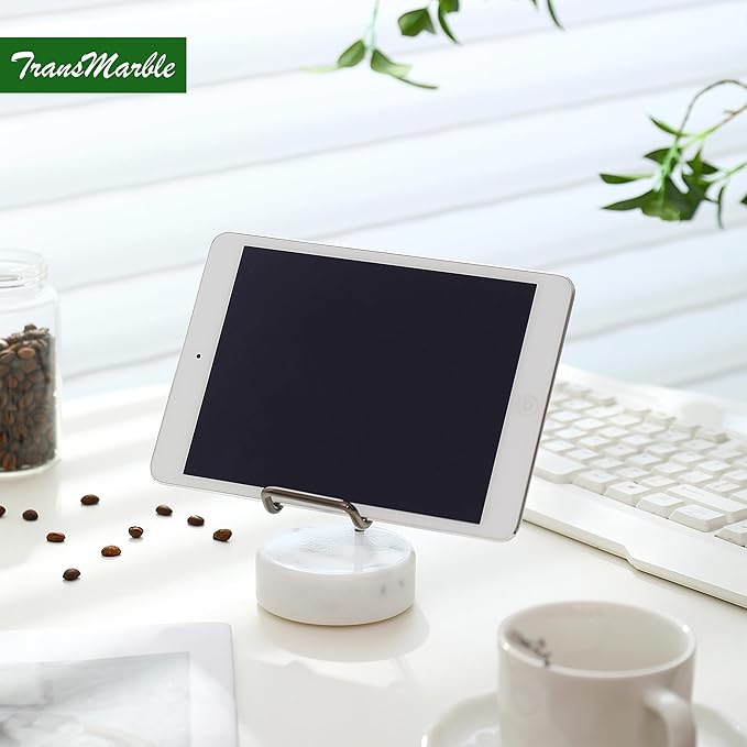 TransMarble Marble Phone Stand with Metal Holder, Charging Available While Using, Swipe Up to Unlock, Made of Natural Marble as Business Card Holder for Office Desk (Starry White + Black)