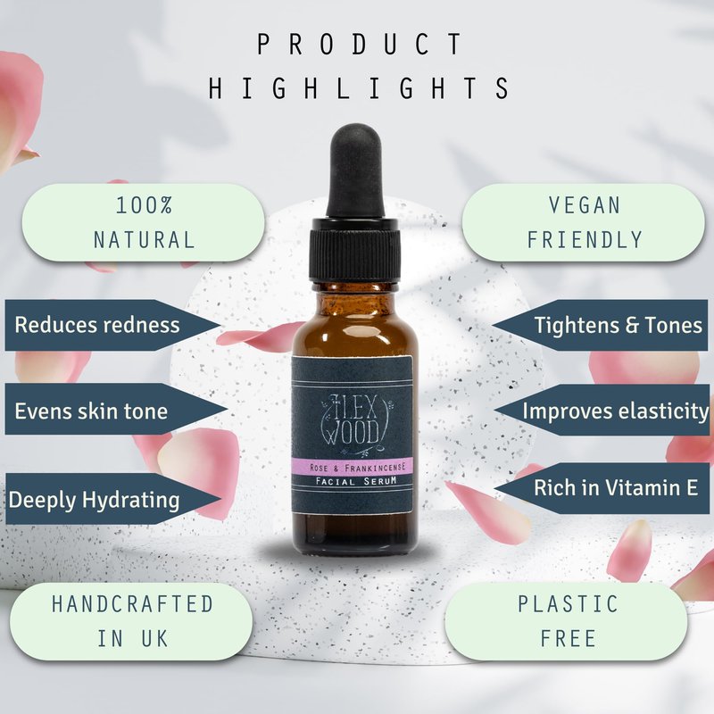 The Ilex Wood - Rose and Frankincense Face Serum - 100% Natural, Vegan, Moisturising, Anti Ageing, Wrinkle & Line Reducing, Cruelty Free, Plastic Free, Handcrafted - 20ml (0.68 fl oz)