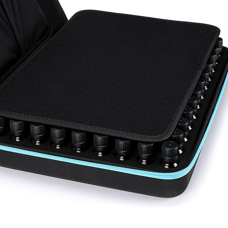 Hipiwe 108 Essential Oils Carrying Case Holds 5ml, 10ml, 15ml Bottles Hard Shell Exterior EVA Essential Oils Storage Organzier Bag with Foam Insert and Carrying Handle (Black+Blue 108)