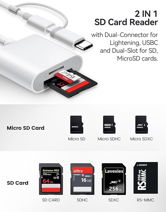 BnmxTek SD Card Reader for iPhone, SD Card Adapter with Lightening & USBC Dual-Connector for iPhone 5-14, USB-C iPhone 15, iPad, Mac or MacBook, Supports SD MicroSD Trail Camera Viewer, Plug and Play