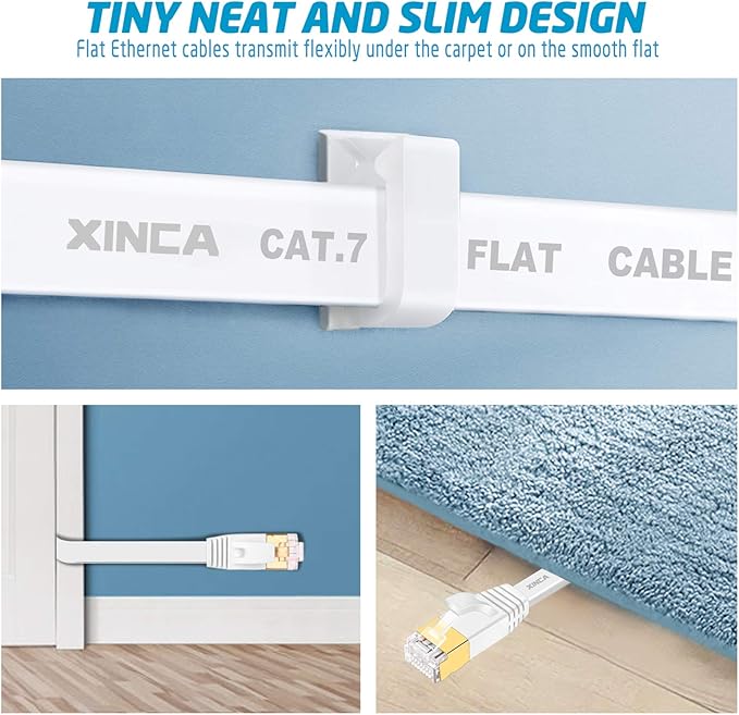 XINCA Cat 7 Flat Ethernet Cable 100ft White, High Speed 10GB Shielded (STP) LAN Internet Network Cable Ethernet Patch Computer Cable with Rj45 Connectors and 50pcs Adhesive Cable Clips