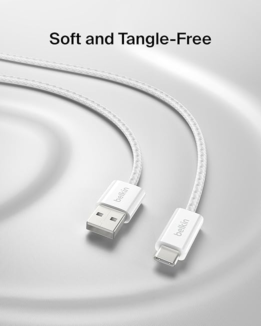 Belkin USB A to USB C Cable, 6.6ft, 15W - Type C Charger, iPhone Charger Cord, Soft, Braided, Flexible for iPhone 17 & 16, Galaxy S26, Pixel 10, iPad Pro, Airpods Pro, Switch & More - White