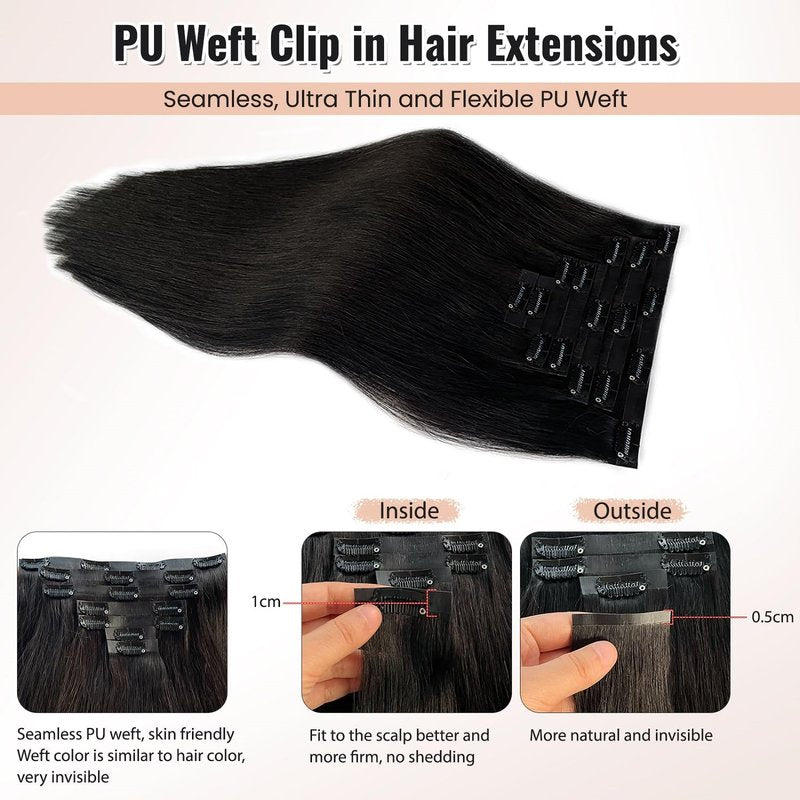 Seamless Clip in Hair Extensions Real Human Hair, 20” Natural Black Seamless Clip ins Remy Hair Extensions Invisible Tape Weft Real Human Hair Extensions for Women Straight PU Skin Weft Clip ins Hair